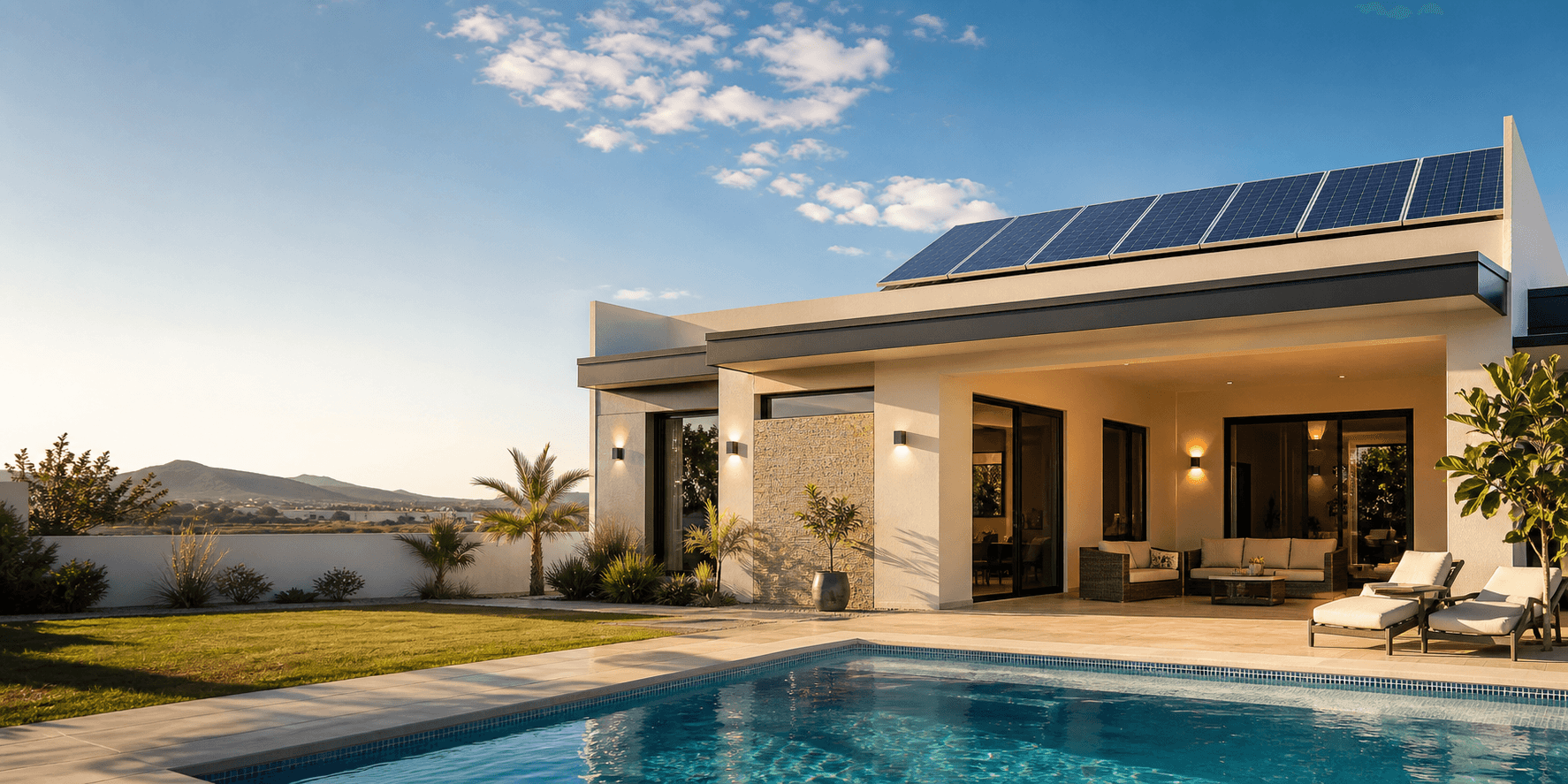 Concepto visual de SolEcom con casa inteligente y paneles solares